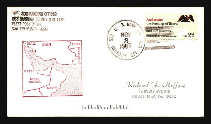 USS Barbour County 1987 Cover / Manama Bahrain Posting - L312 