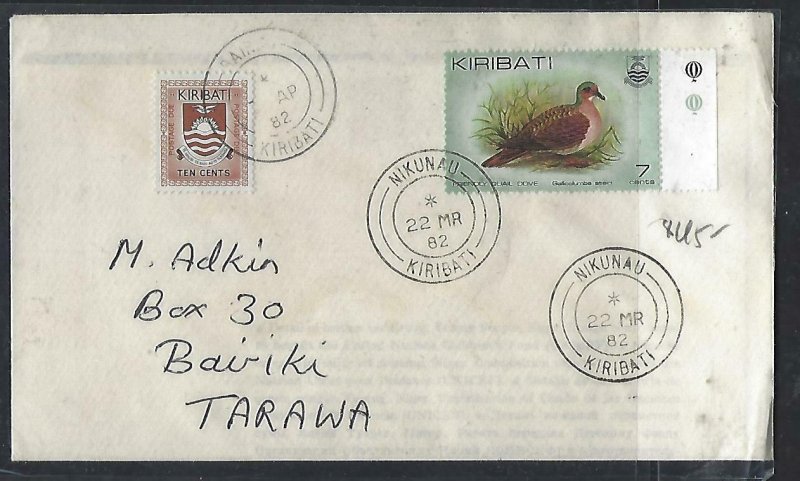 KIRIBATI COVER (P0812BB) 1982 UNDERPAID LOCAL COVER 10C  POSTAGE DUE 