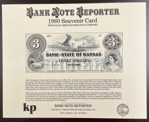 ABNC S013 1980 Souvenir  Card Bank Note Reporter $3 Bank of the State of Kansas