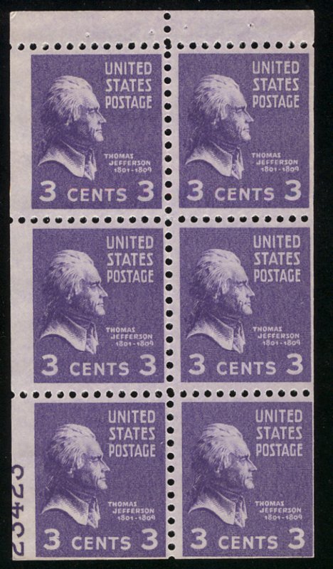 US #807a BOOKLET PANE with PLATE NUMBER, large 80% plate 23423, mint never hi...