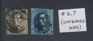 2x 1850 Belgium Leopold I stamp #6 & #7 used Unframed Watermarked