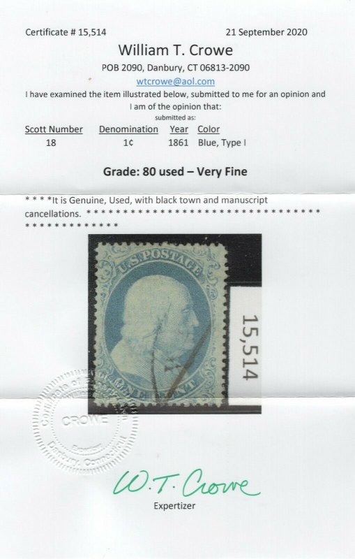 #18 Used - 80 Very Fine - Lite Cancel, SMQ $585 with Crowe Cert  (GD 9/24)