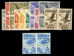 Liberia #C4-13P, 1938 Issue complete, with additional shade of 4c (yellow), i...