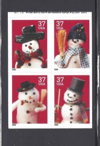 US Scott # 3684 - 3687 / Christmas Snowmen 2002 block of 4 from 3687b DS Pane