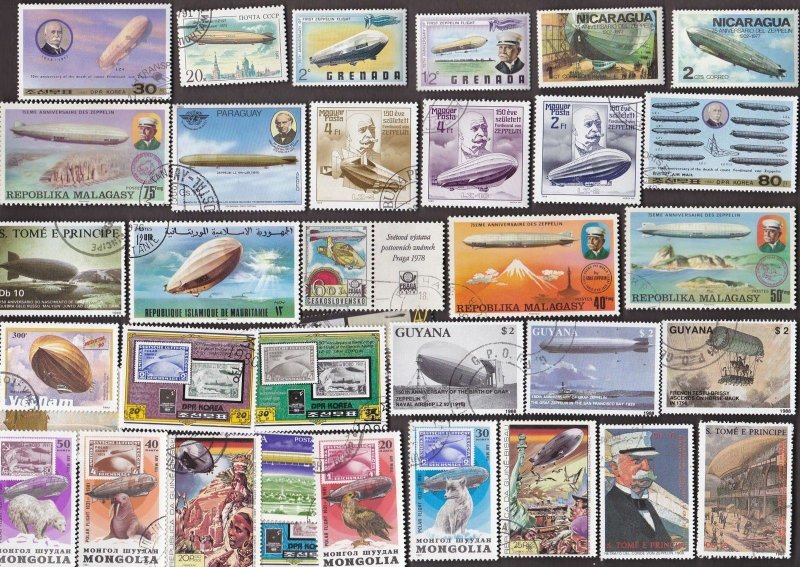 35 ALL DIFFERENT ZEPPLINS ON STAMPS (J)