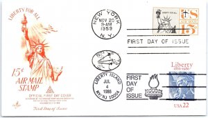 US EVENT FDC COVER CENTENNIAL THE STATUE OF LIBERTY DUAL 15c AIRMAIL 1959 COMBO