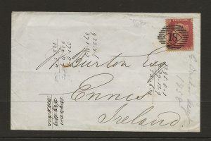 GB used in Ireland 1858 penny red Dublin cover