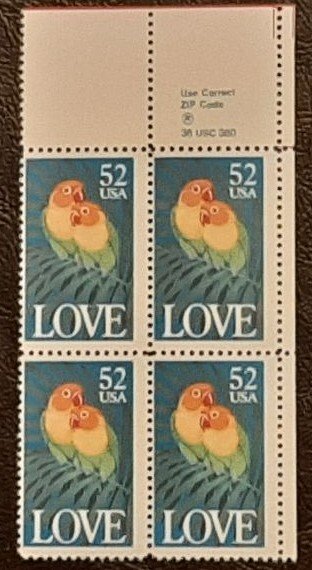 US Scott # 2537; 52c Love issue from 1991; MNH, og, block of 4; Fine