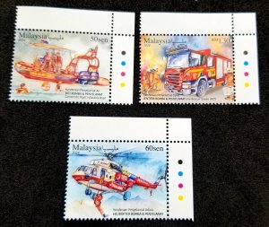 Malaysia Rescue Vehicle 2024 Helicopter Fire Engine Boat Brigade Stamp color MNH