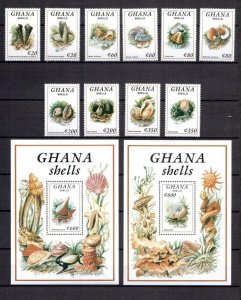 1992	Ghana	marine life shells set+2s/s MNH	231