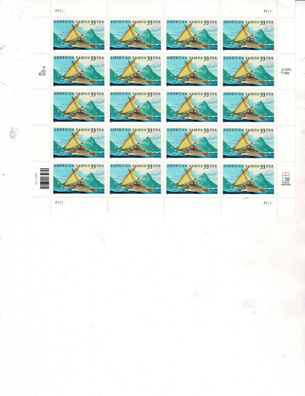 America Samoa 33c Postage Sheet #3389 MNH