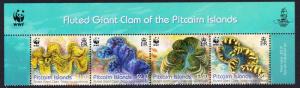 Pitcairn WWF Fluted Giant Clam Narrow Top strip of 4v with WWF Logo SG#865-868