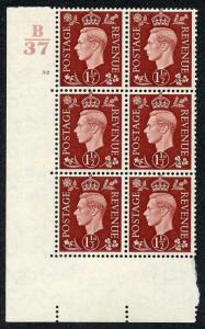 KGVI 1 1/2d Red-brown Without Marginal Rule Cylinder B37 32 No Dot (E/I) U/M