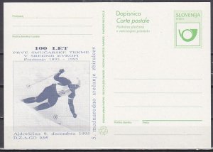 Slovenia, 1995 issue. Skiing Cachet on Green Post Horn Postal Card. ^