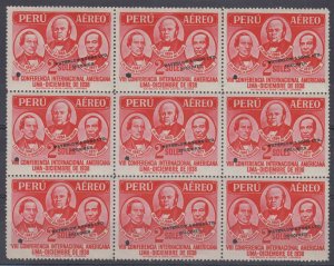 PERU 1938 AIRPOST Sc C64 TOP VALUE SUPERBE BLOCKx9 PERF PROOF SPECIMEN MNH FVF