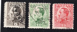 Spain 1930 5c, 10c & 25c Alfonso XIII. Scott 407-408, 411 used, value = 75c