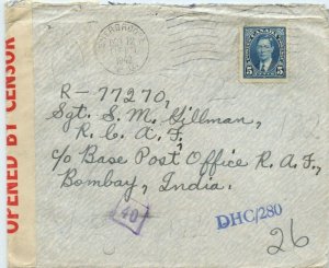 5c Mufti 1942 Military to INDIA Censored several times receivers cover Canada