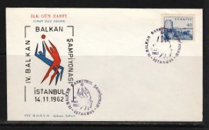 Turkey, 14/NOV/1962 issue. Istanbul Balkan Games cancel on cachet cover.^