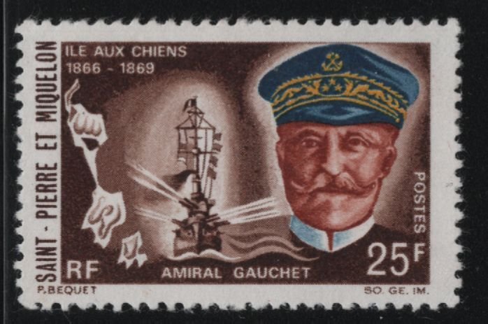 St Pierre et Miquelon 1968 MNH Sc 381 25fr Admiral Gauchet, WWI ship, map