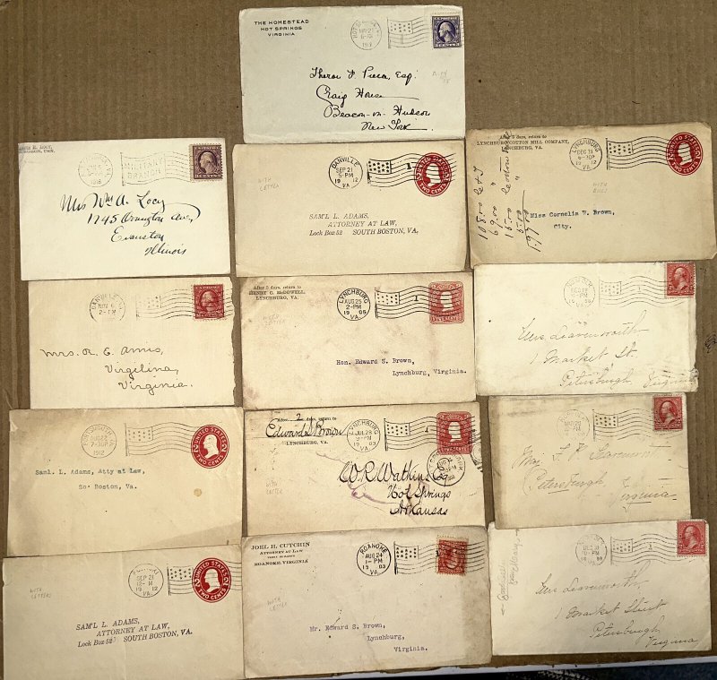 OLD FLAG CANCEL COLLECTION ON COVER 13 DIFFERENT VIRGINIA TOWNS 1898-1918
