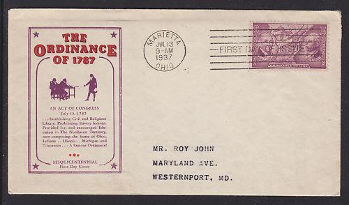 US Planty 795-35 FDC. 1937 3c Ordinance of 1787, Marietta F/D X, Cachet Craft