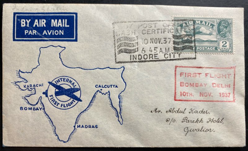 1937 Indore City India First Flight Airmail cover FFC To Gwalior