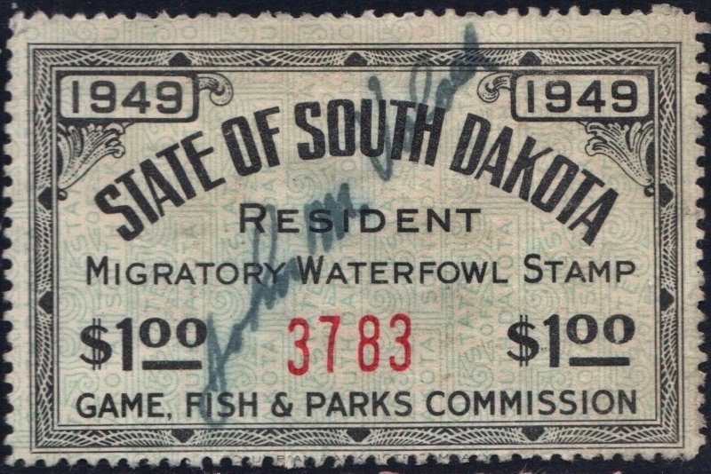South Dakota Resident Migratory Waterfowl License Stamp (1949) Used Signed
