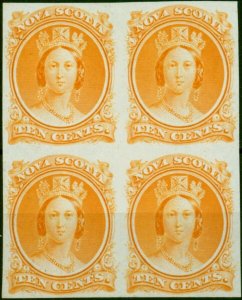 Nova Scotia 1860 10c Orange Plate Proof Unitrade 12TCxii V.F & Fresh Block of 4