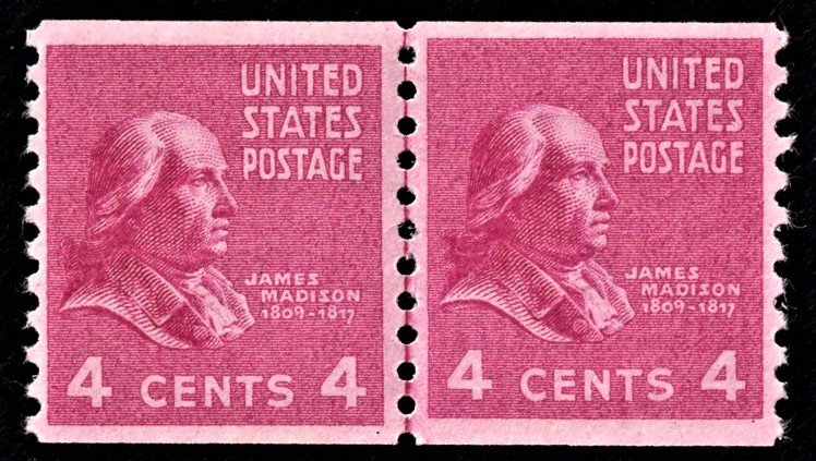 US 843 MNH VF 4 Cent  James Madison Line Pair SCV $27.50