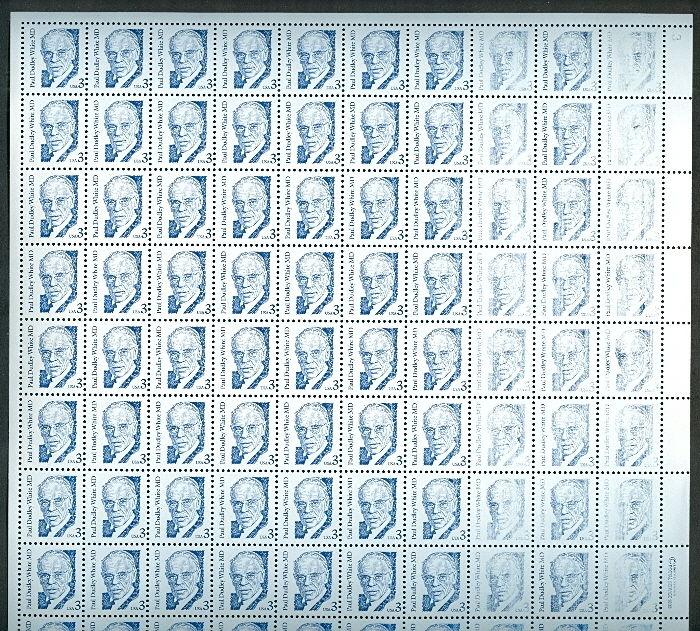 US #2170var 3¢ Paul Dudley White, MD, Complete sheet of 100 with dry printing