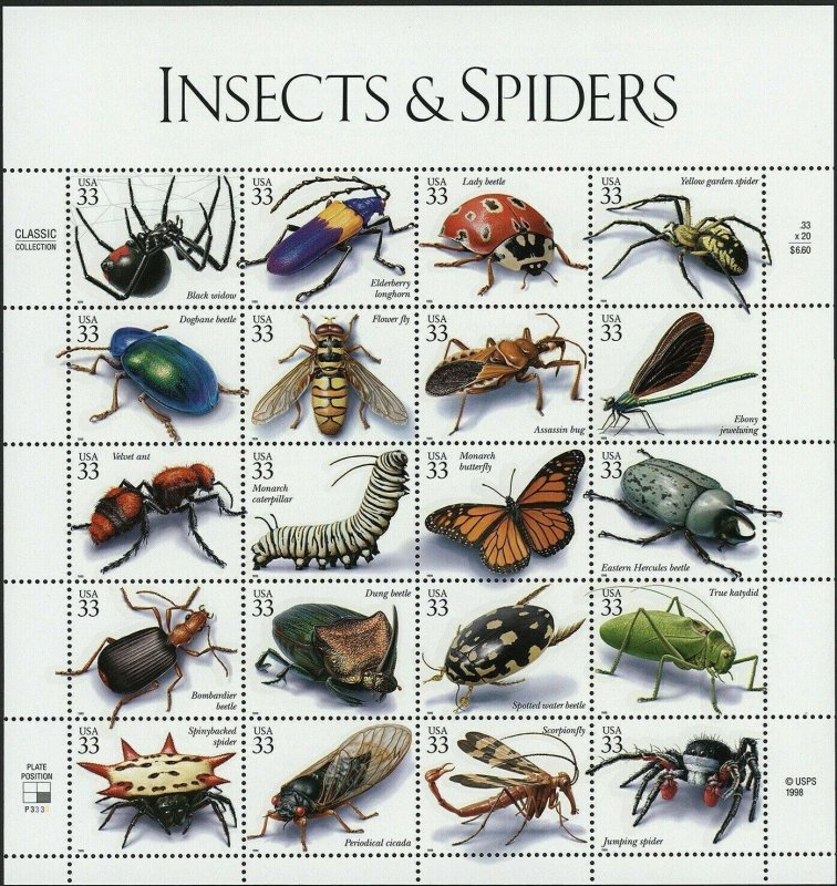 US#3351  INSECTS & SPIDERS ISSUE - PANE 20- NH - VF  Brkm. $31.00 (ESP#H419) 