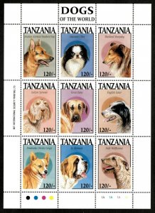 Tanzania 1994 - Dogs Corgi, Shepherd - Sheet of 9 Stamps - Scott #1177 - MNH