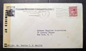 1942 Canada Cover Vancouver BC to New York NY Western Cordage Co LTD