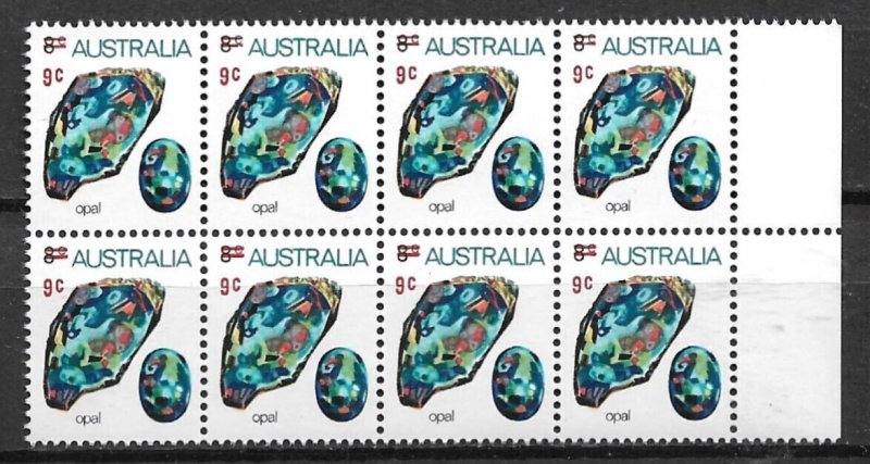 1974 Australia 580 Surcharged 9¢ on 8¢ Opal MNH block of 8