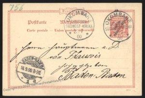 Germany SW Africa 1900 OKOMBAHE DSWA Postal Card Cover Baden-Baden 113224