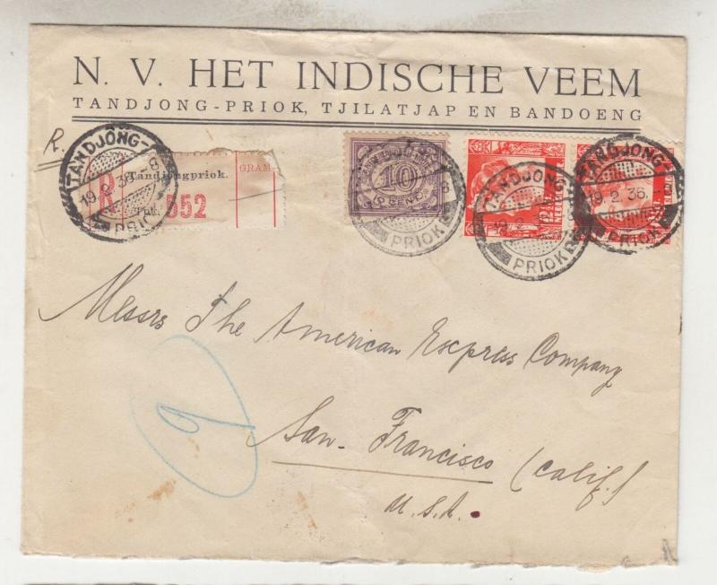 NETHERLANDS EAST INDIES, 1936 Reg. cover, Tanjung Priok to USA via Singapore.