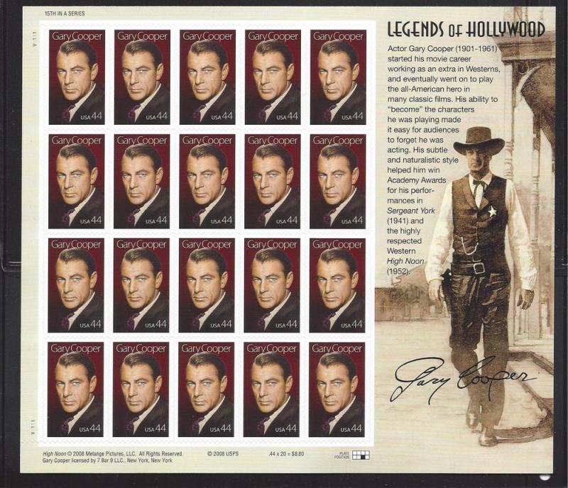 United States, 4421, 44c Gary Cooper Sht(20),**MNH**