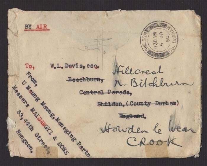 Burma Rangoon 1930 commercial airmail cover