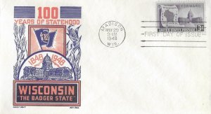 1948 FDC, #957, 3c Wisconsin Statehood, CC/Boll