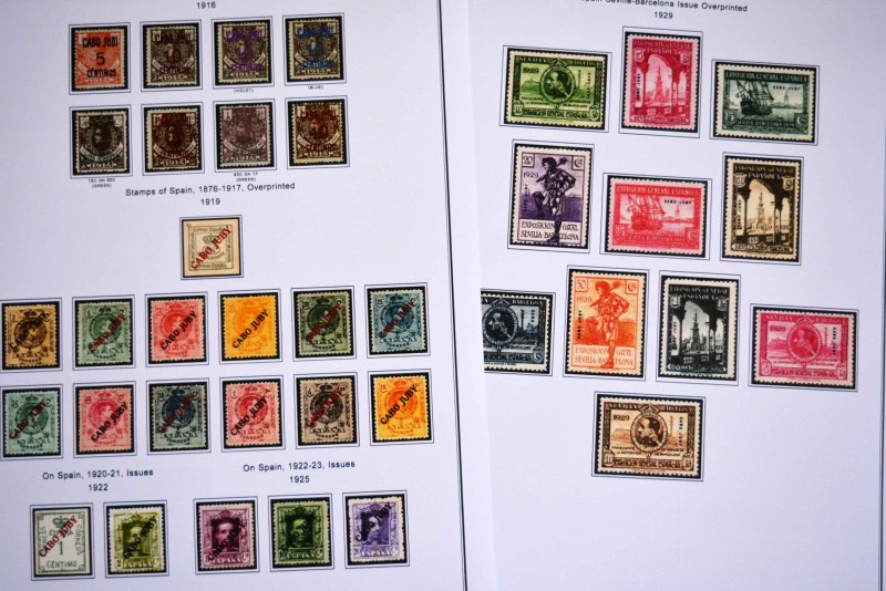 COLOR PRINTED CAPE JUBY 1916-1948 STAMP ALBUM PAGES (13 illustrated pages)