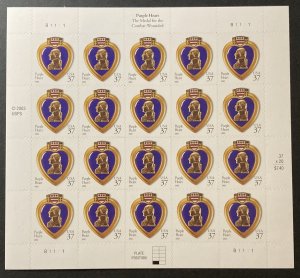 U.S. 2003 #3784 Sheet, Purple Heart(perf 11 1/4 x 10 3/4), MNH.