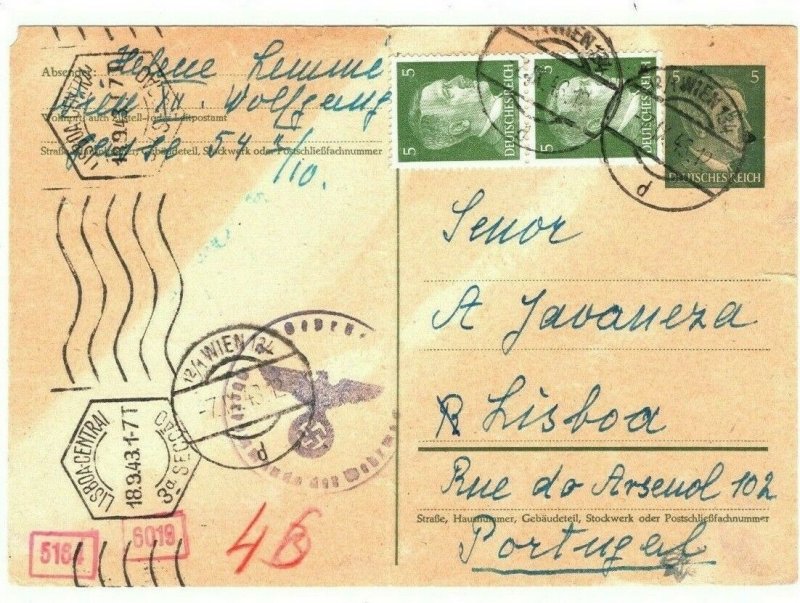 AUSTRIA Card 1944 WW2 Censor *INK-TESTED* UNDERCOVER POLISH ADDRESS Lisbon MA38