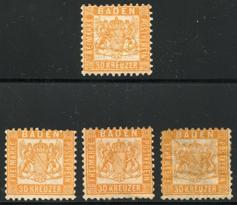 GERMANY STATES BADEN SCOTT# 25 MICHEL# 22 1 HINGED & 3 NO GUM  AS SHOWN