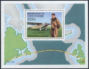 Ivory Coast 439, MNH. Michel Bl.7. History of Aviation, 1977. Charles Lindbergh.