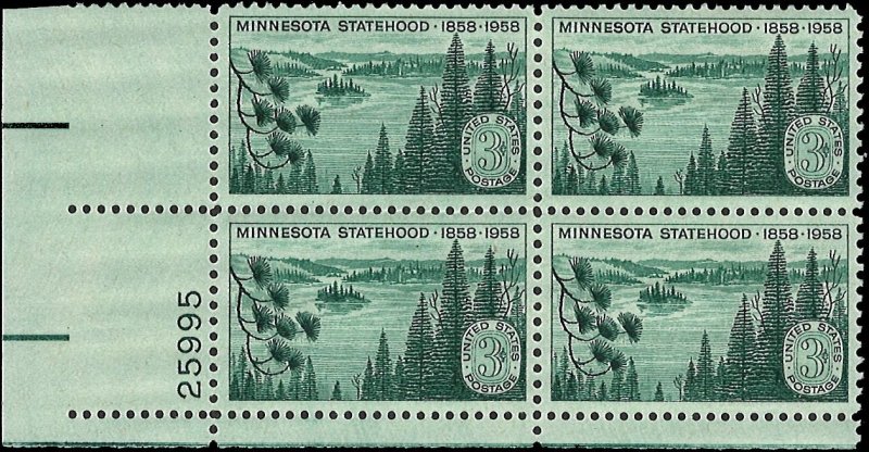 Scott # 1106 1958 3c emer  grn  Land of 10,000
Lakes  Plate Block - Lower Lef...