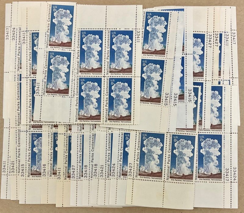 1453 Old Faithful, Yellowstone Park 25 MNH 8 c Plate Blocks  FV $8.00  1972