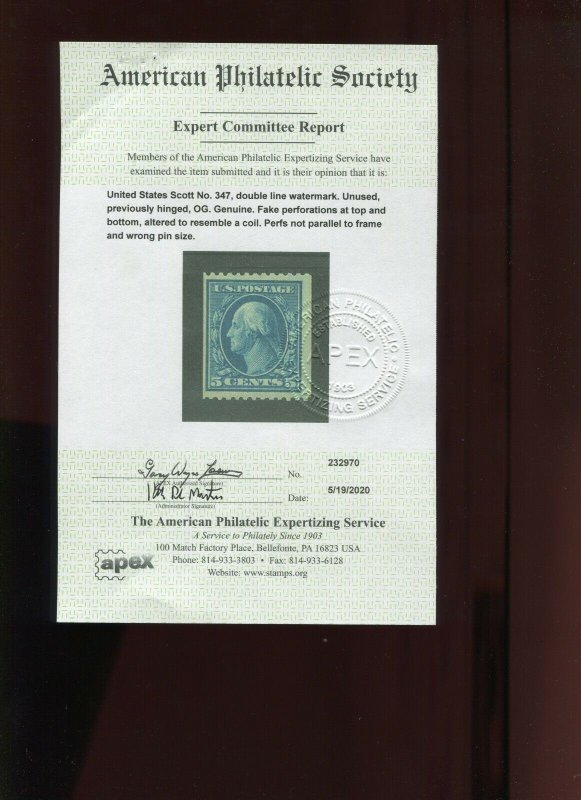 '351' Washington Mint Coil REFERENCE Stamp with APS Cert (351-F1) CERT CALLS 347