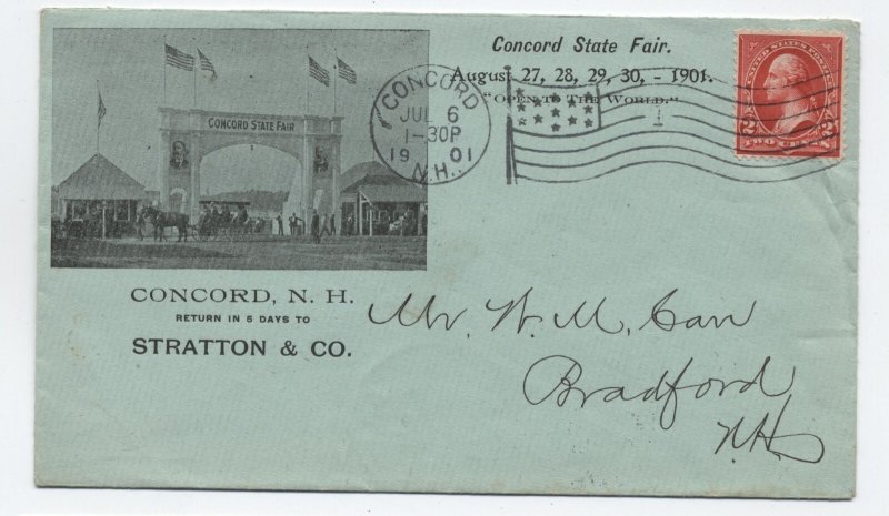 1901 concord NH flag cancel ad cover Stratton & Co concord state fair [h.6450]