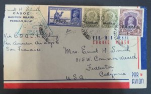 1940 Bahrain Airmail Cover Trans Pacific to Fullenton CA USA BOAC HK Censor