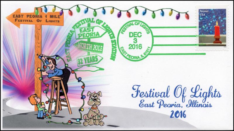 16-383, 2016, Festival of Lights, East Peoria IL, Pictorial Cancel, Green Cancel